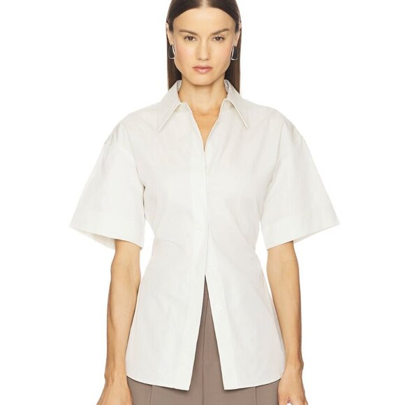 eaves Tops - EAVES Aven Cotton Button Down Short Sleeve Shirt in Chalk Off White, size XL